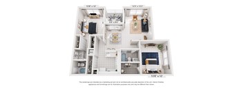 A floor plan of a two-bedroom apartment with a living room, kitchen, and bathrooms.