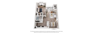 A floor plan of a small apartment with a kitchen, living room, and bathroom.