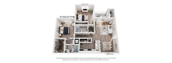 A floor plan of a two-bedroom apartment with a living room, kitchen, and bathroom.