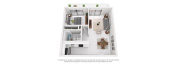 A top-down view of a small apartment with a kitchen, living room, and bedroom.