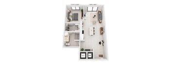A floor plan of a small apartment with a kitchen, living room, and bathroom.