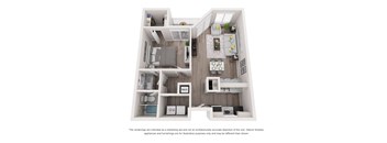 A 3D floor plan of a small apartment with a kitchen, living room, and bedroom.