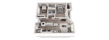 A 3D rendered image of a modern apartment layout.