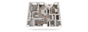 A 3D rendered image of a modern apartment layout.