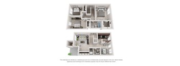 Two images of a house layout with a kitchen, living room, and bedrooms.
