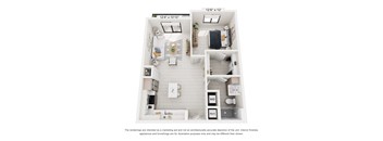 A white floor plan of a small apartment with a kitchen, living room, and bedroom.
