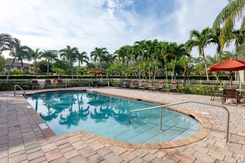 A pool surrounded by palm trees and a red umbrella.