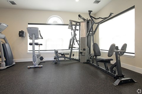 A gym with a variety of equipment including a leg press machine, a chest press machine, and a squat rack.