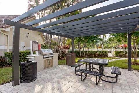 A patio with a table and chairs under a roof.