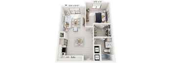 A floor plan of a small apartment with a kitchen, living room, and bedroom.