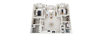 A floor plan of a small apartment with a living room, kitchen, and two bedrooms.