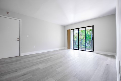 A room with a white door and a sliding glass door leading to a garden.