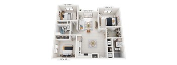 A floor plan of a two-bedroom apartment with a living room, kitchen, and bathroom.