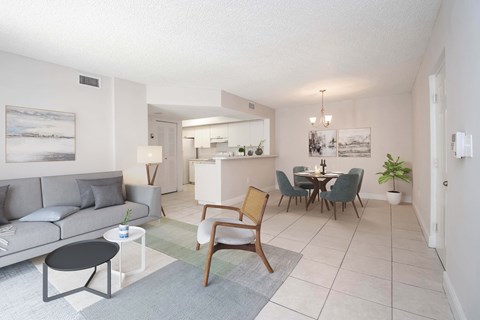 A living room with a grey couch, a wooden chair, and a dining table with chairs.
