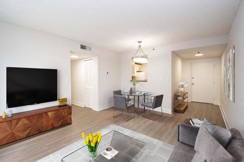 our apartments offer a living room and dining room with a large tv