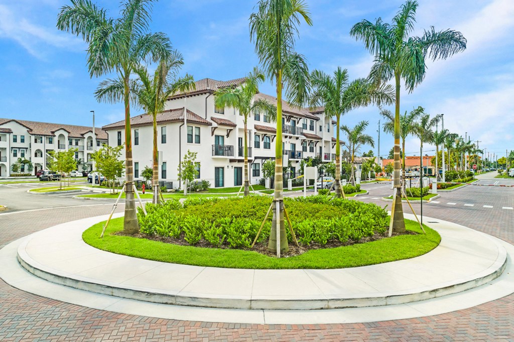 a roundabout with palm trees in front of some houses