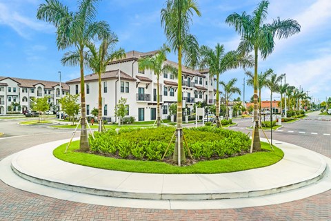 a roundabout with palm trees in front of some houses
