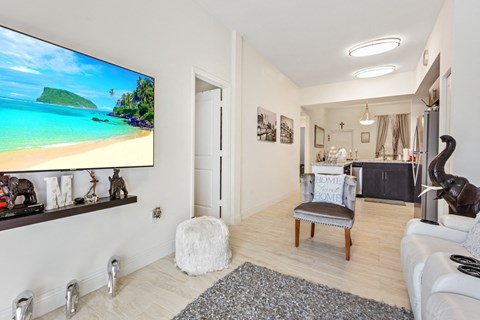 a living room with a couch and a chair and a tv