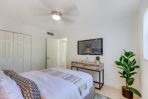 A bedroom with a bed, a table with a plant, and a television on the wall.