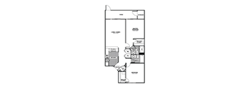 A floor plan of a home with a living room, dining room, kitchen, two bathrooms, a pantry, and a storage area.