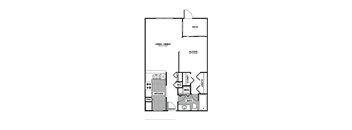 A black and white drawing of a house plan with a living/dining area, kitchen, bathroom, and entry.