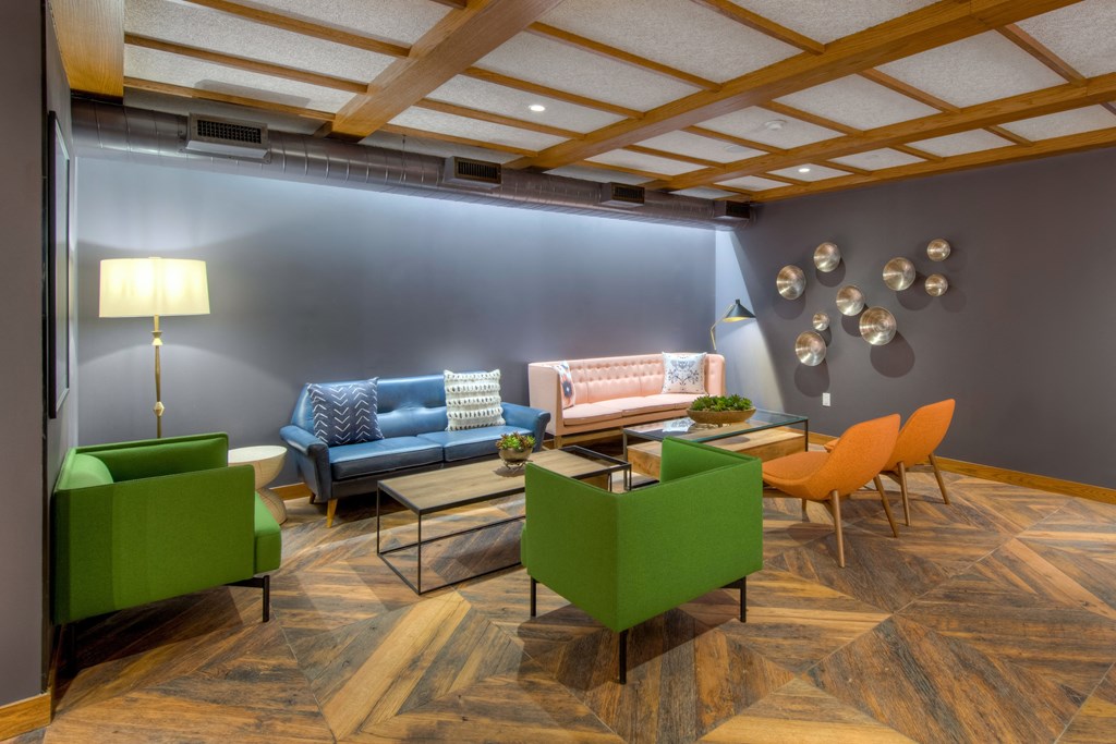 Lobby space with plush seating and art