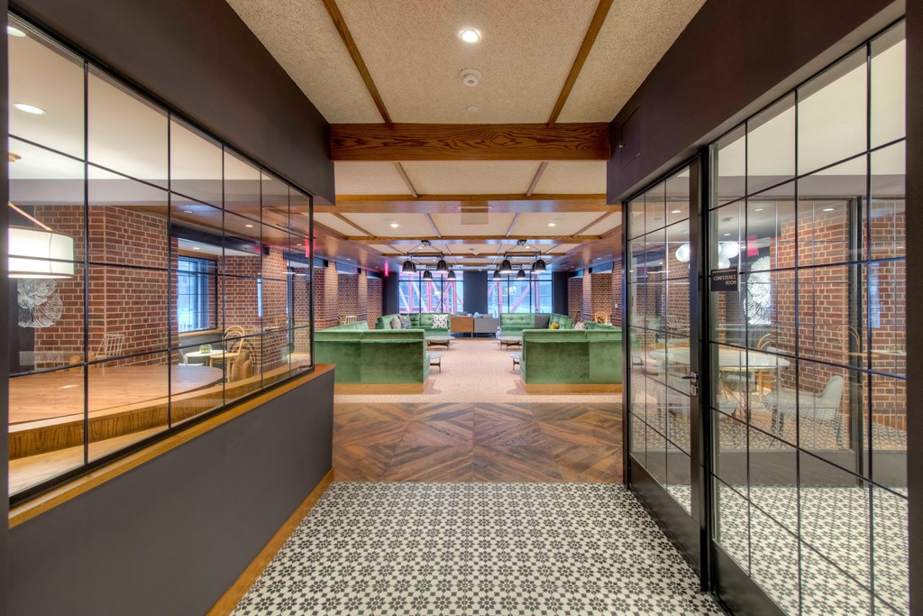 Entrance to lounge with large glass windows