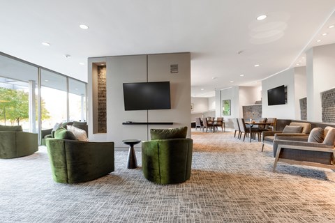 a living room with couches and chairs and a television