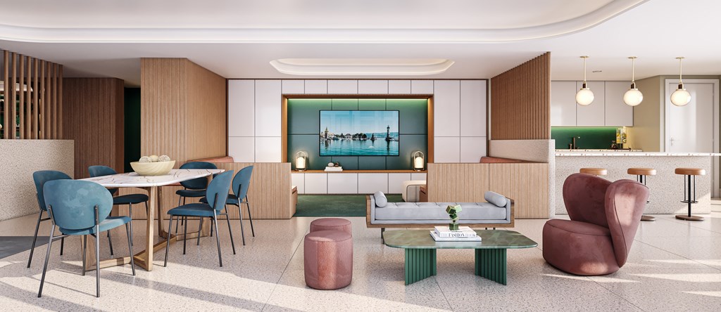 a rendering of a living room with a table and chairs