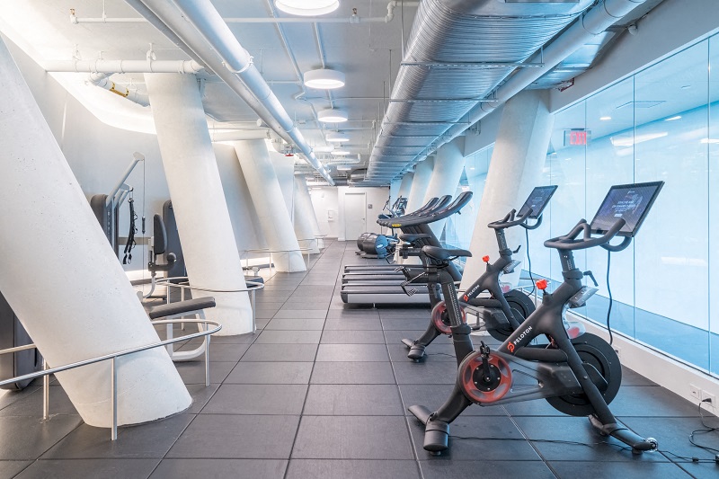 a row of exercise bikes in a fitness gym