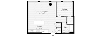 A floor plan of a small apartment with a kitchen, living room, and bathroom.