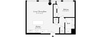 A black and white floor plan of a small apartment with a kitchen, living room, dining room, bedroom, bathroom, and a workspace.