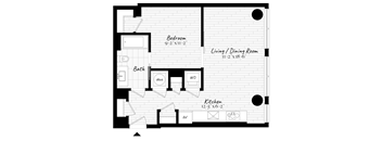 A floor plan of a small apartment with a bedroom, bathroom, kitchen, and living/dining room.