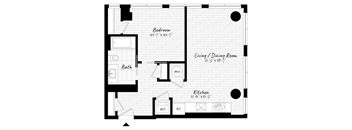 A black and white image of a floor plan for a small apartment.