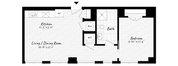 A black and white image of a floor plan for a small apartment.