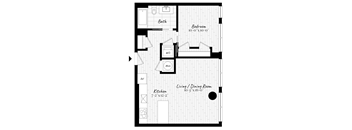 A black and white image of a floor plan for a small apartment.