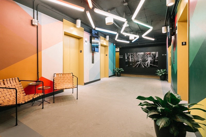 a hallway with colorful walls and chairs and a plant