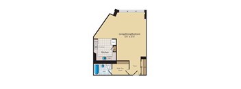 A floor plan of a small apartment with a kitchen, bathroom, and living/dining/bedroom area.