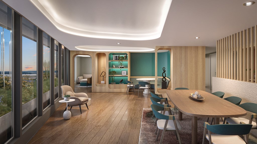 a rendering of a living room with a wooden table and chairs