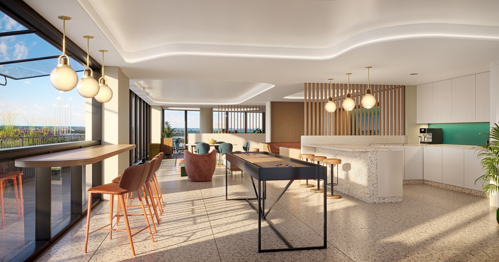 a rendering of a living room with a table and chairs