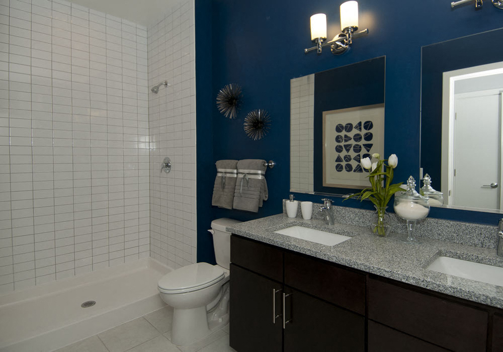 a blue and white bathroom with a toilet and a shower