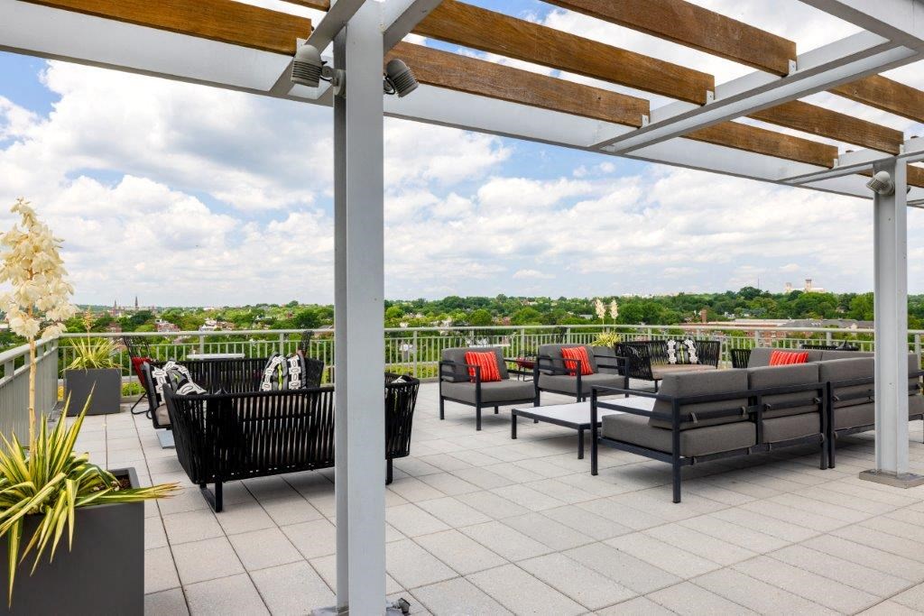 a roof deck with furniture and a view of the city