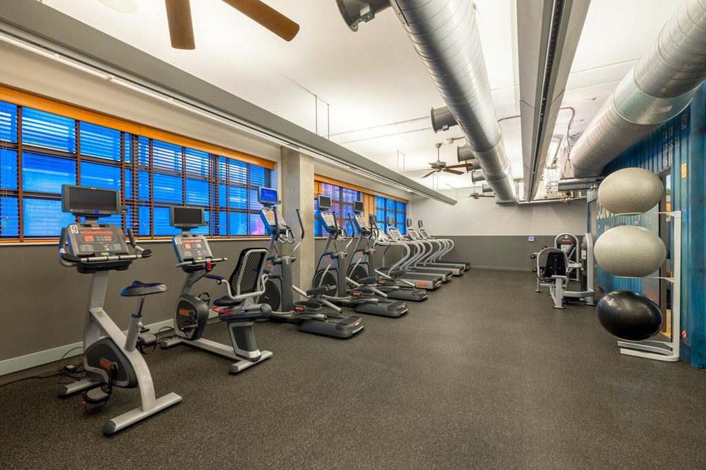 a gym with cardio machines and weights on the floor