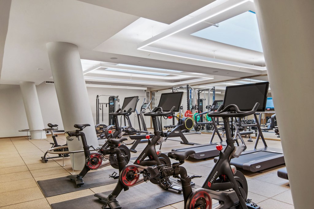 a gym with various exercise bikes and weights on the floor