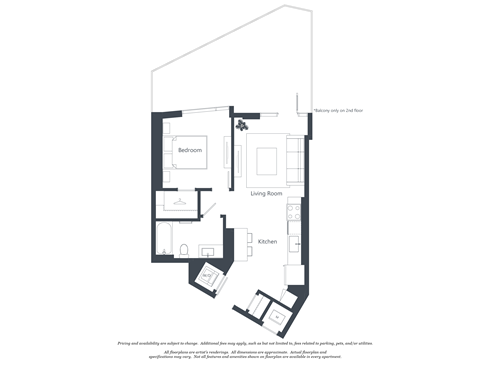 A floor plan of a house with a bedroom, living room, and kitchen.