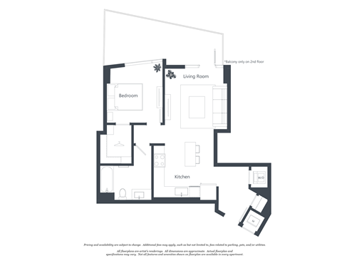 A floor plan of a house with a living room, bedroom, kitchen, and bathroom.