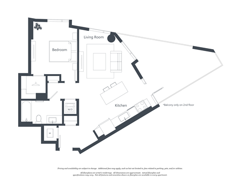 A black and white floor plan of a house with a living room, bedroom, kitchen, and bathroom.