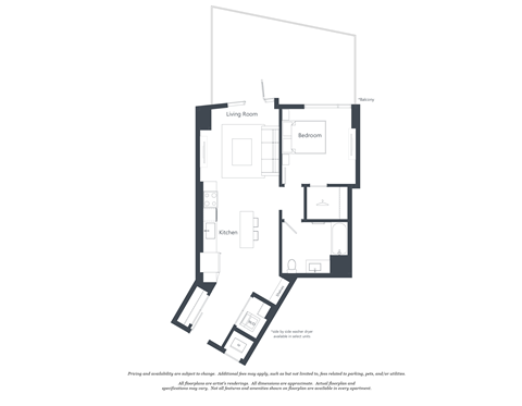 A floor plan of a house with a living room, two bedrooms, a bathroom, and a kitchen.