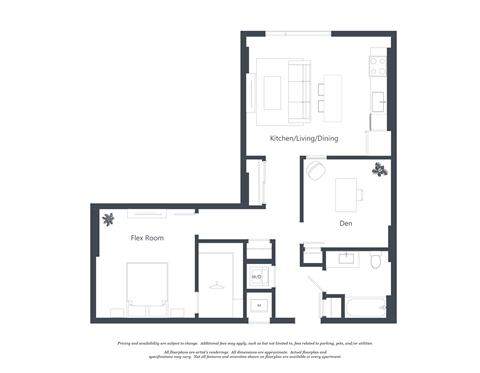 A floor plan of a house with a kitchen, living room, dining room, and a flex room.