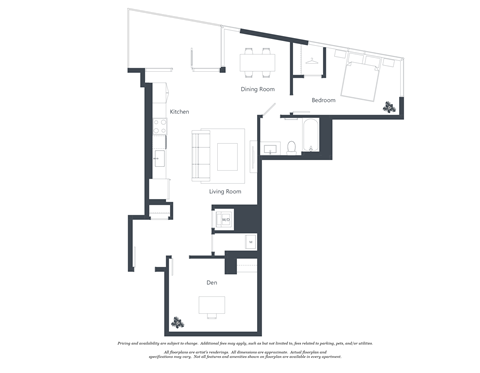 A black and white floor plan of a house with a kitchen, dining room, living room, and bedrooms.